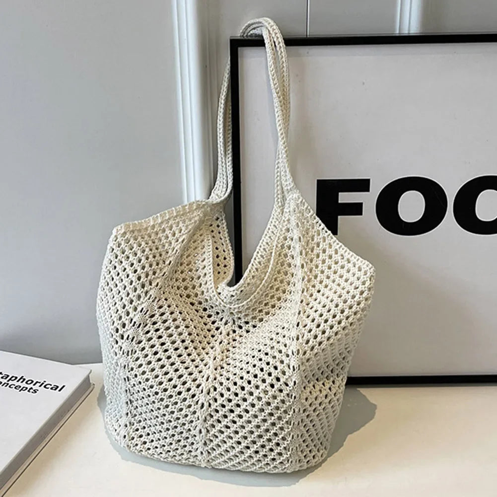 Fashion Women's Hollow Woven Shoulder Bags - Large Capacity Knitting Underarm Bag, Solid Crochet Tote Handbag, Summer Mesh Beach Bag