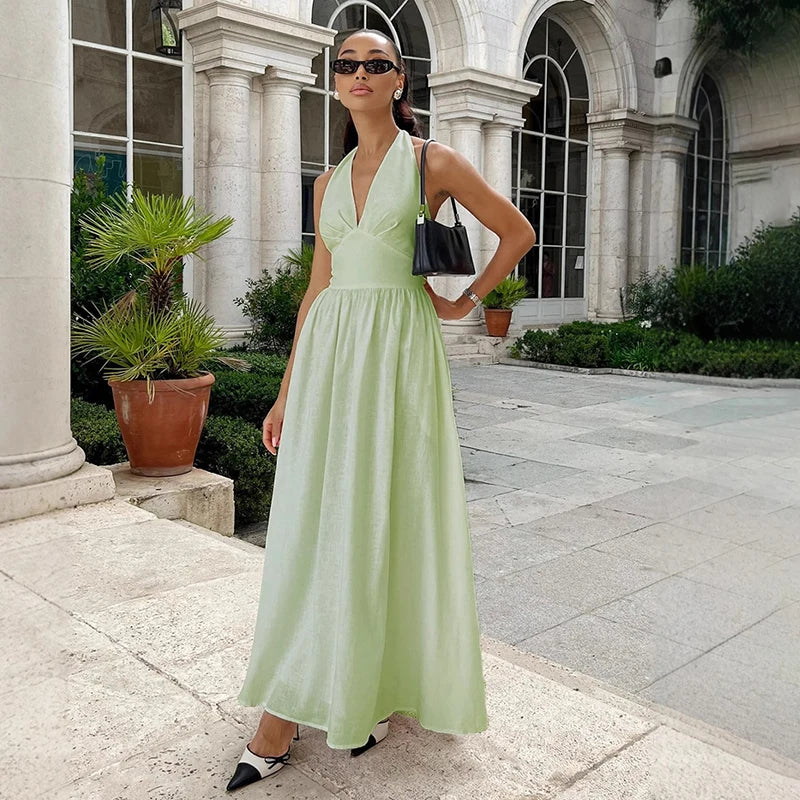 Tornova V neck Bandage Long Dress With Lined Women Fashion Pure Cotton Halter A-line Maxi Dress