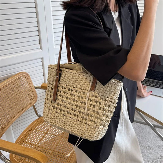 Designer Casual Rattan Wicker Tote Bag - Large Capacity Woven Women's Summer Beach Straw Handbag, Lady Travel Big Basket