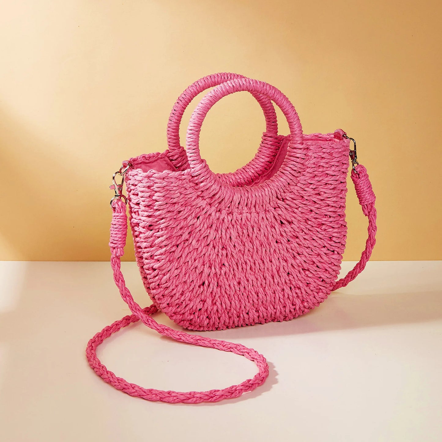 Boho Half-Moon Rattan Beach Bag – Large Capacity Woven Shoulder Tote for Summer & Travel