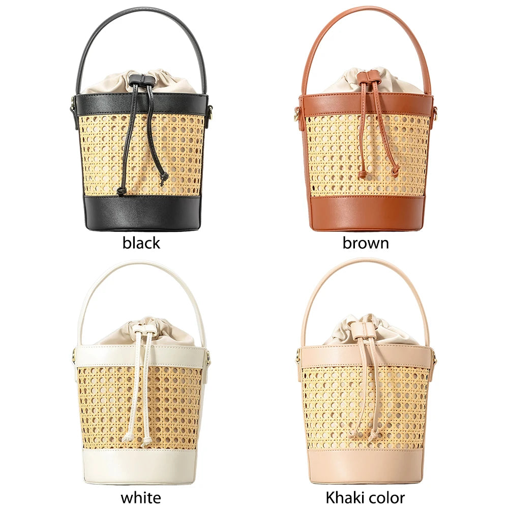 Straw Beach Bag with PU Leather Bucket Design - Summer Hollow Shoulder Bag, Holiday Travel Handbag for Women