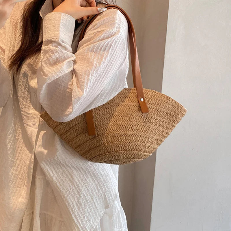 Women’s Braided Basket Top-Handle Bag - Large Capacity Straw Portable Shoulder Bag, Summer Beach Purses, Shopper Satchel