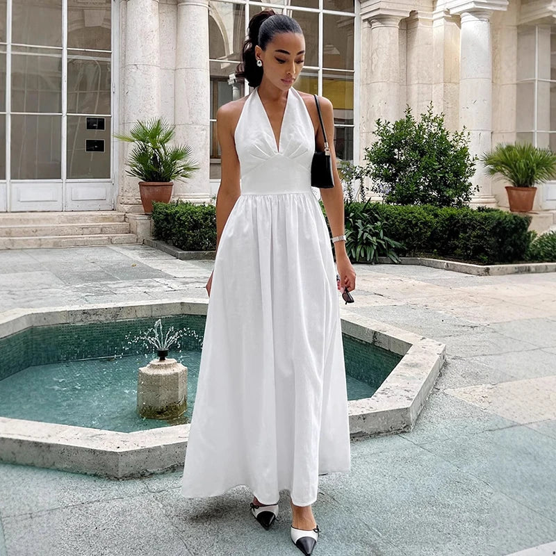 Tornova V neck Bandage Long Dress With Lined Women Fashion Pure Cotton Halter A-line Maxi Dress