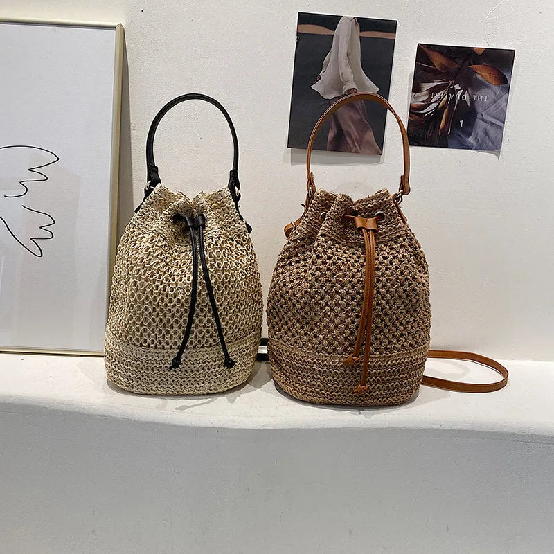 Woven Straw Bag Ladies Bucket Crossbody - Summer Beach Bag, Retro Travel Shoulder Bag, Small Purse and Handbag for Women