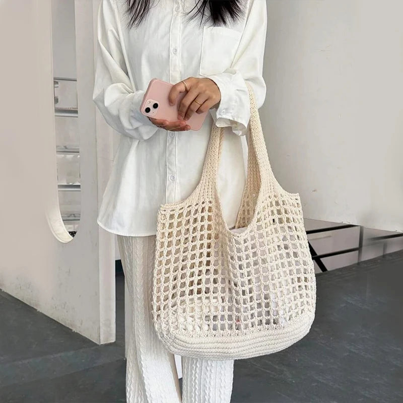 Knitted Hollow Shoulder Bag - Underarm Bag, Large Capacity Crochet Shopping Tote, Casual Beach Bag, Commuting Bag