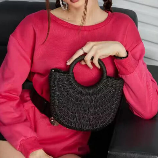 Boho Half-Moon Rattan Beach Bag – Large Capacity Woven Shoulder Tote for Summer & Travel
