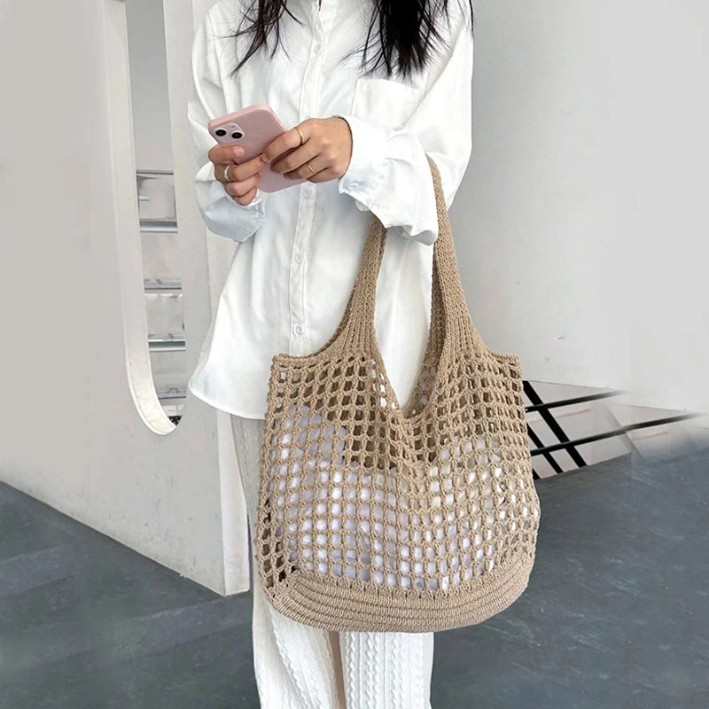 Knitted Hollow Shoulder Bag - Underarm Bag, Large Capacity Crochet Shopping Tote, Casual Beach Bag, Commuting Bag