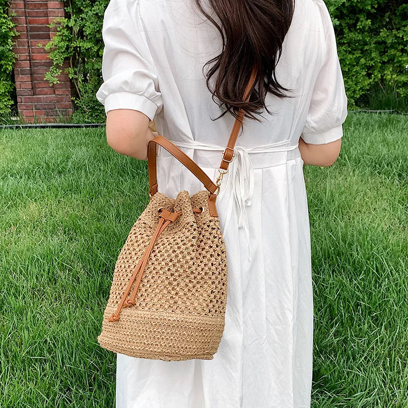 Woven Straw Bag Ladies Bucket Crossbody - Summer Beach Bag, Retro Travel Shoulder Bag, Small Purse and Handbag for Women