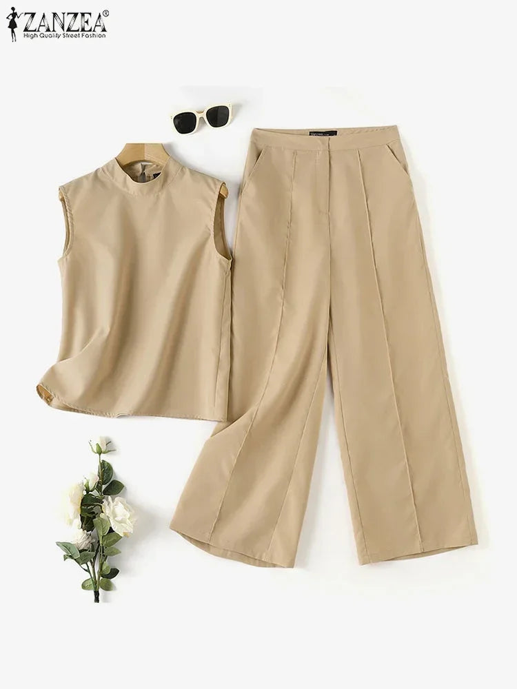 Elegant Women’s 2-Piece Set – Sleeveless Top & Wide-Leg Pants Outfit for Summer Fashion