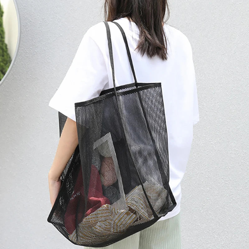 Literary Mesh Hollow Out Tote Bag for Women - Summer Beach Handbag, Large Capacity Shoulder Bag, Student Bookbag