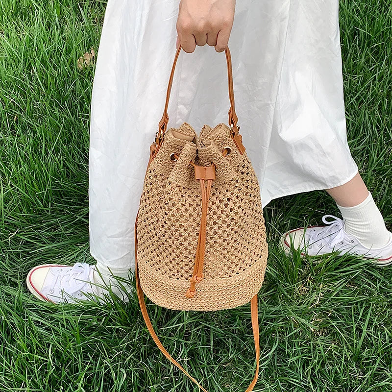 Woven Straw Bag Ladies Bucket Crossbody - Summer Beach Bag, Retro Travel Shoulder Bag, Small Purse and Handbag for Women