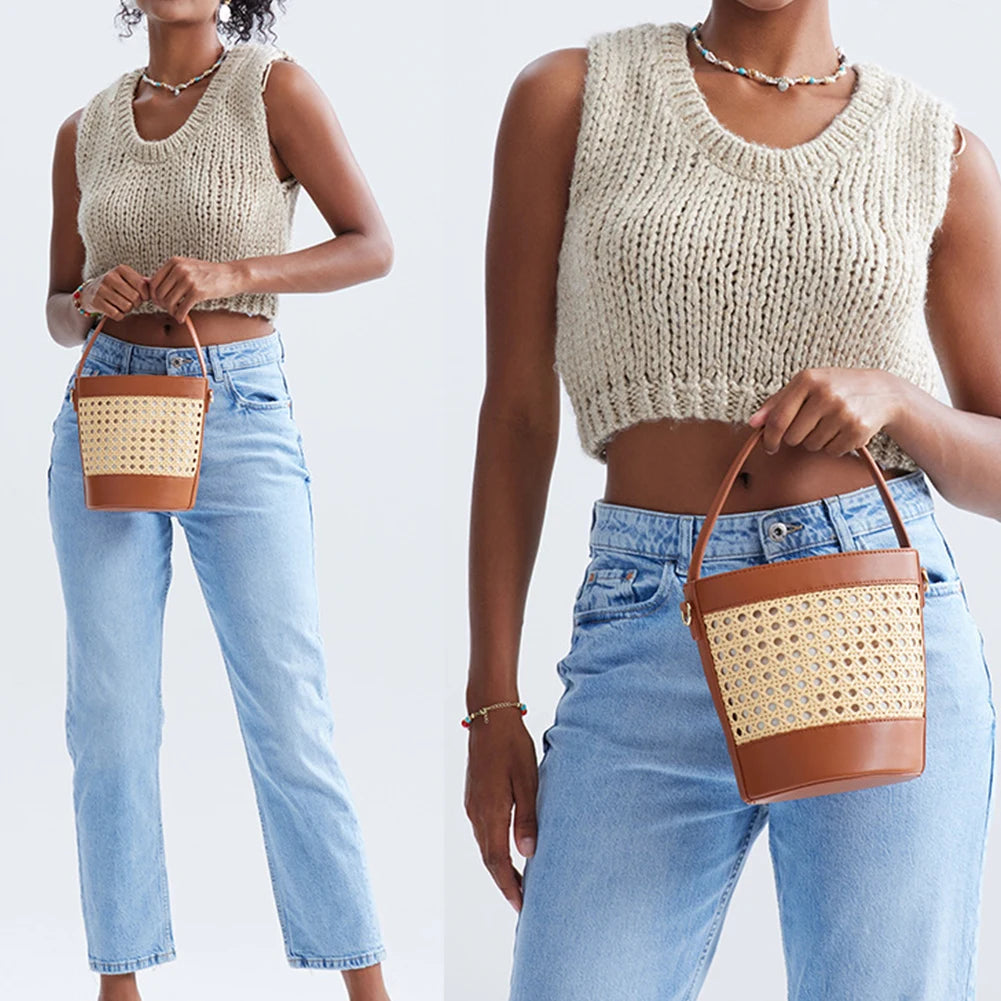 Straw Beach Bag with PU Leather Bucket Design - Summer Hollow Shoulder Bag, Holiday Travel Handbag for Women