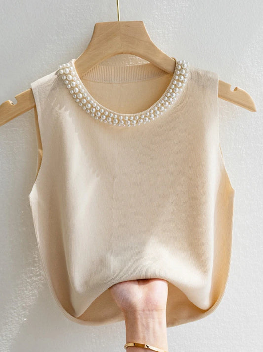 Korean-Style Beaded Knitted Tank Top – Chic Sleeveless Summer Vest for Women