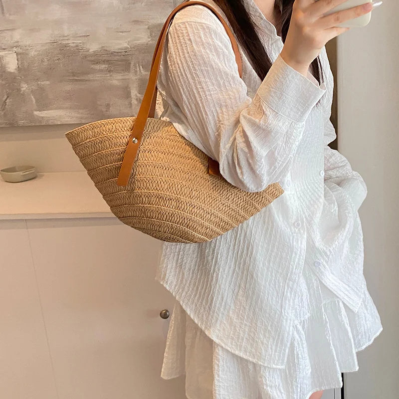 Women’s Braided Basket Top-Handle Bag - Large Capacity Straw Portable Shoulder Bag, Summer Beach Purses, Shopper Satchel