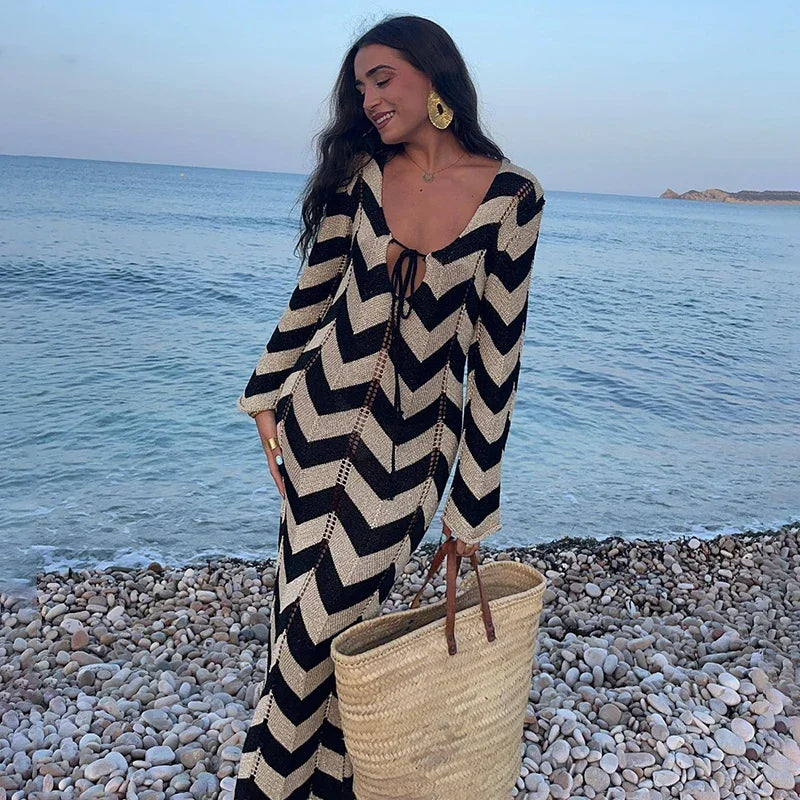 Striped Knitted Maxi Dress – Elegant V-Neck Beach Cover-Up & Autumn Statement Look