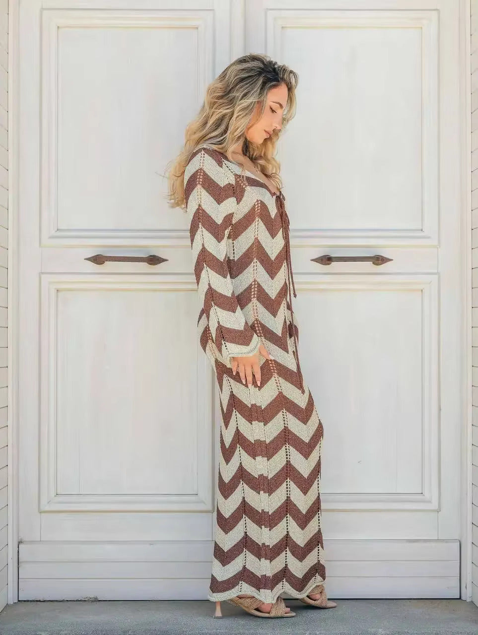 Striped Knitted Maxi Dress – Elegant V-Neck Beach Cover-Up & Autumn Statement Look