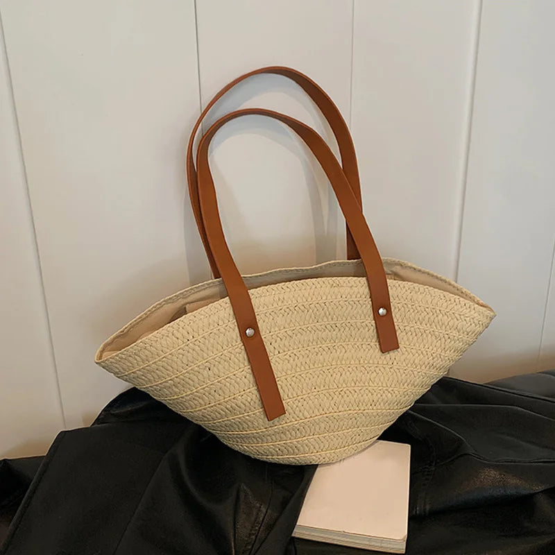 Women’s Braided Basket Top-Handle Bag - Large Capacity Straw Portable Shoulder Bag, Summer Beach Purses, Shopper Satchel