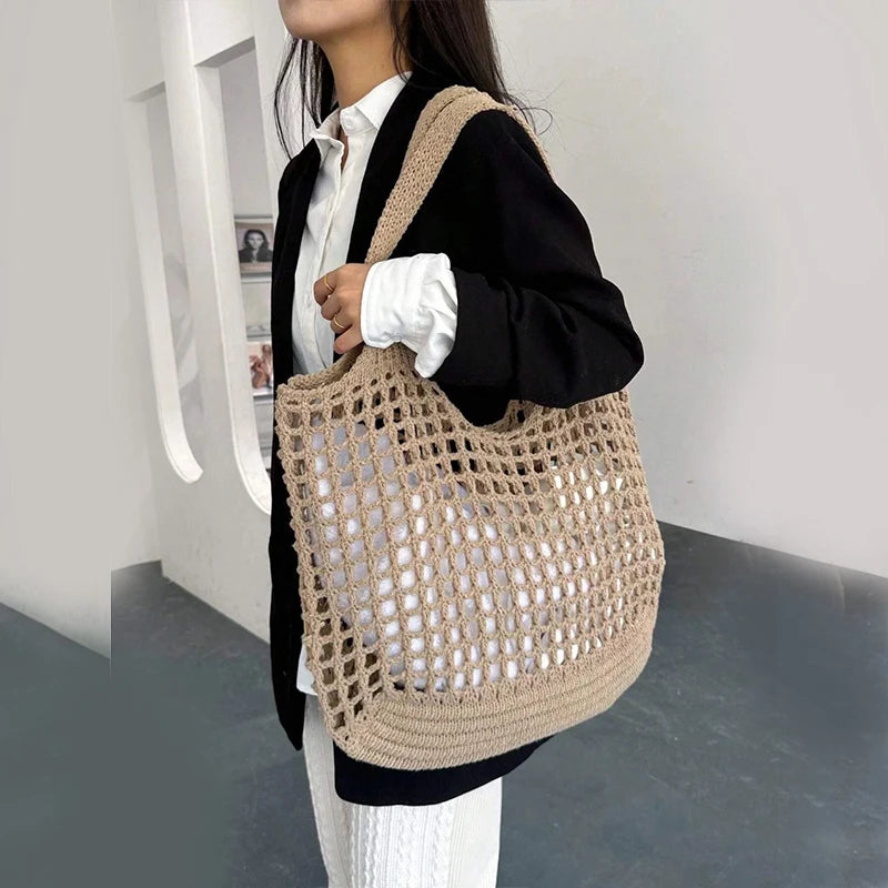 Knitted Hollow Shoulder Bag - Underarm Bag, Large Capacity Crochet Shopping Tote, Casual Beach Bag, Commuting Bag