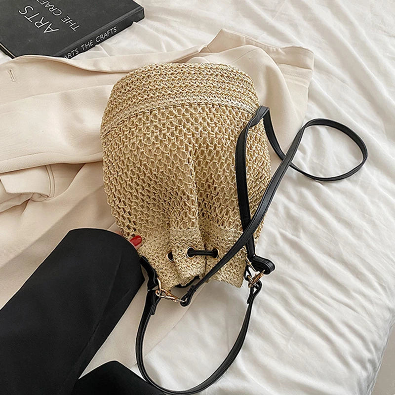 Woven Straw Bag Ladies Bucket Crossbody - Summer Beach Bag, Retro Travel Shoulder Bag, Small Purse and Handbag for Women