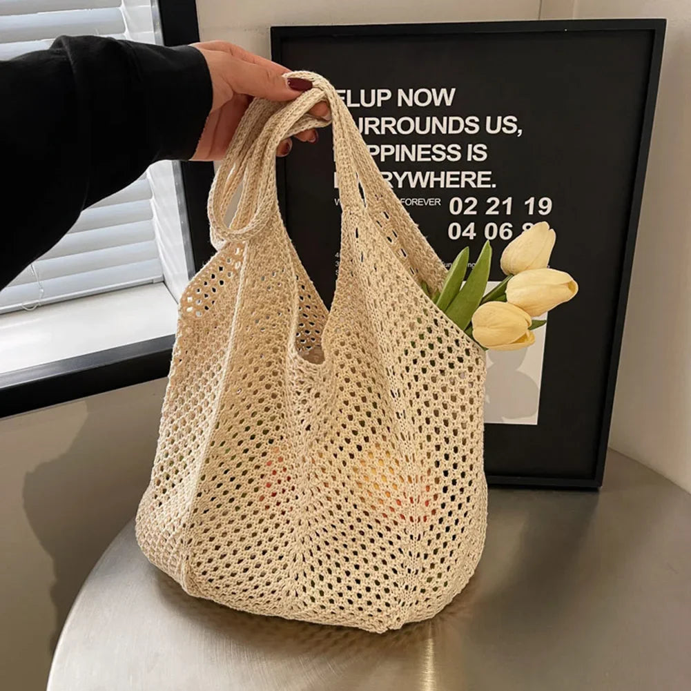 Fashion Women's Hollow Woven Shoulder Bags - Large Capacity Knitting Underarm Bag, Solid Crochet Tote Handbag, Summer Mesh Beach Bag