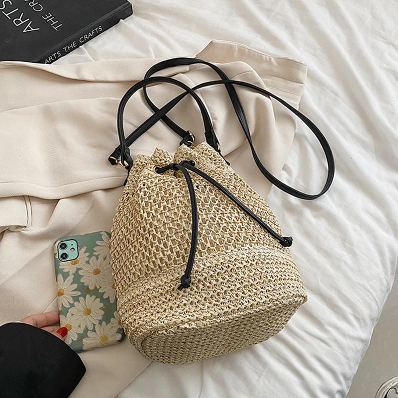 Woven Straw Bag Ladies Bucket Crossbody - Summer Beach Bag, Retro Travel Shoulder Bag, Small Purse and Handbag for Women