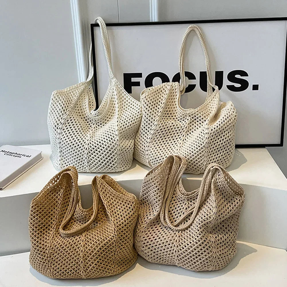 Fashion Women's Hollow Woven Shoulder Bags - Large Capacity Knitting Underarm Bag, Solid Crochet Tote Handbag, Summer Mesh Beach Bag
