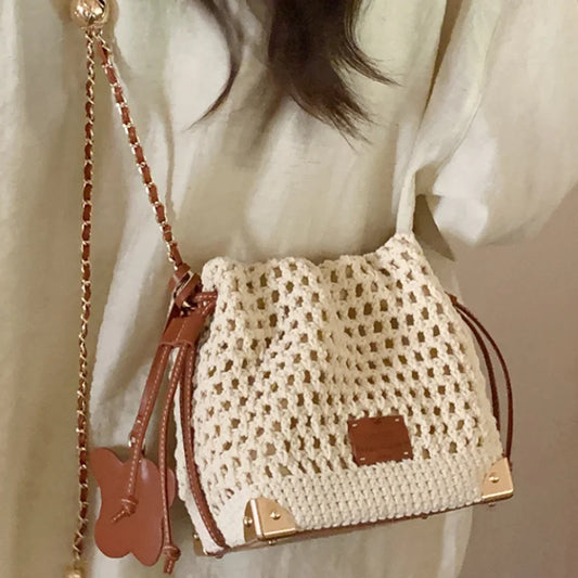 Boho Rattan Bucket Bag – Handwoven Straw Purse with Faux Leather Accents