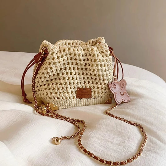 Boho Rattan Bucket Bag – Handwoven Straw Purse with Faux Leather Accents