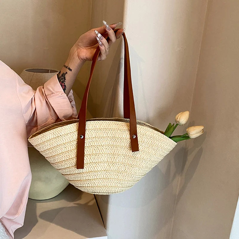 Women’s Braided Basket Top-Handle Bag - Large Capacity Straw Portable Shoulder Bag, Summer Beach Purses, Shopper Satchel