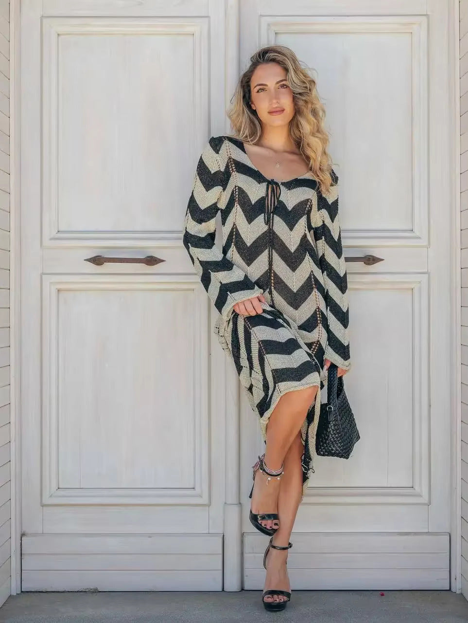Striped Knitted Maxi Dress – Elegant V-Neck Beach Cover-Up & Autumn Statement Look