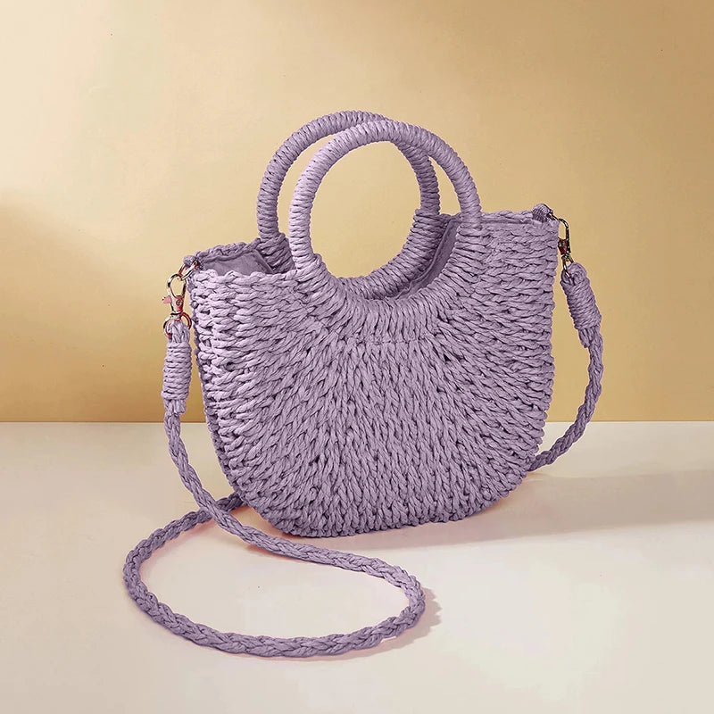 Boho Half-Moon Rattan Beach Bag – Large Capacity Woven Shoulder Tote for Summer & Travel