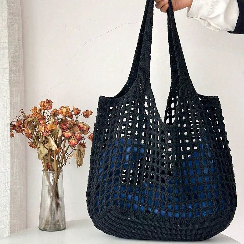 Women's Crochet Tote Bag - Hollow Beach Bag, Large Capacity Fashion Knitted Bag, Solid Color Simple Shopping Bag for Travel and Vacation