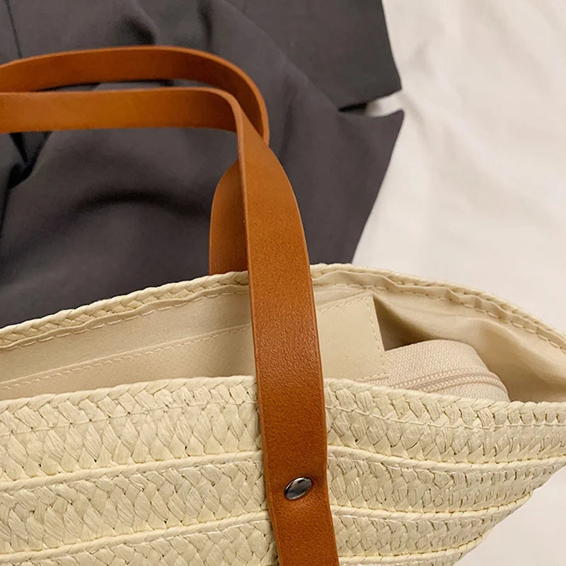 Women’s Braided Basket Top-Handle Bag - Large Capacity Straw Portable Shoulder Bag, Summer Beach Purses, Shopper Satchel