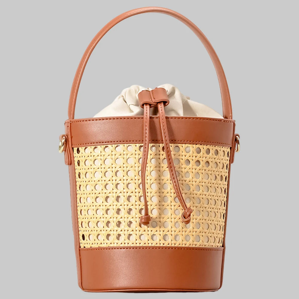 Straw Beach Bag with PU Leather Bucket Design - Summer Hollow Shoulder Bag, Holiday Travel Handbag for Women