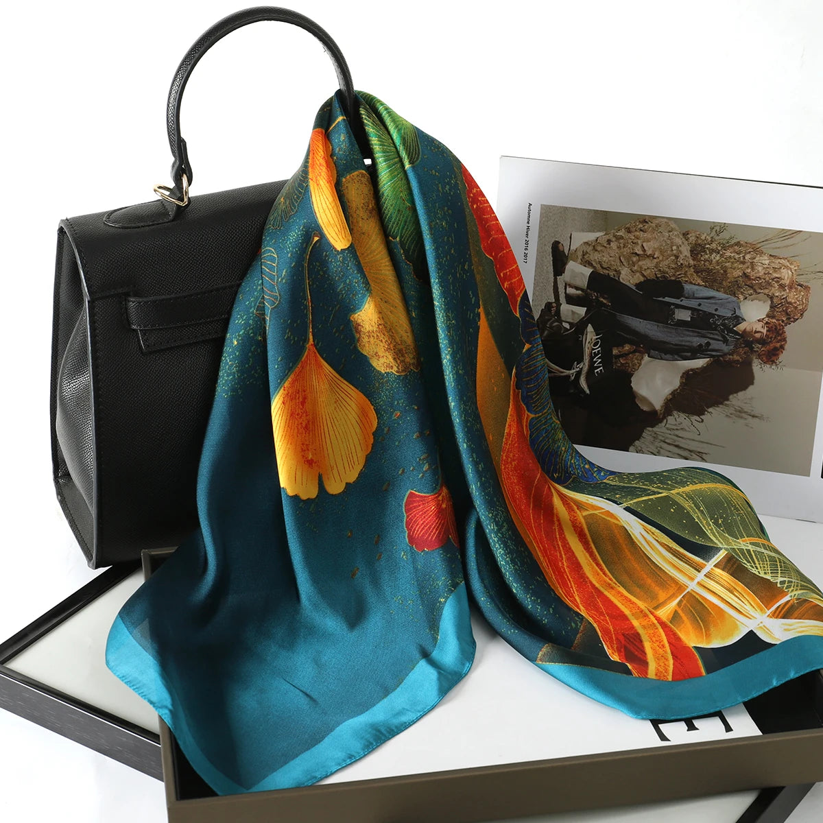 Luxury Silk Satin Head Scarf – Printed 70x70 -  Square Shawl for Women