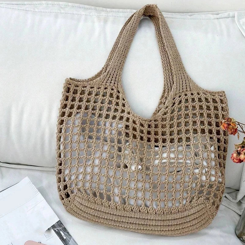Knitted Hollow Shoulder Bag - Underarm Bag, Large Capacity Crochet Shopping Tote, Casual Beach Bag, Commuting Bag