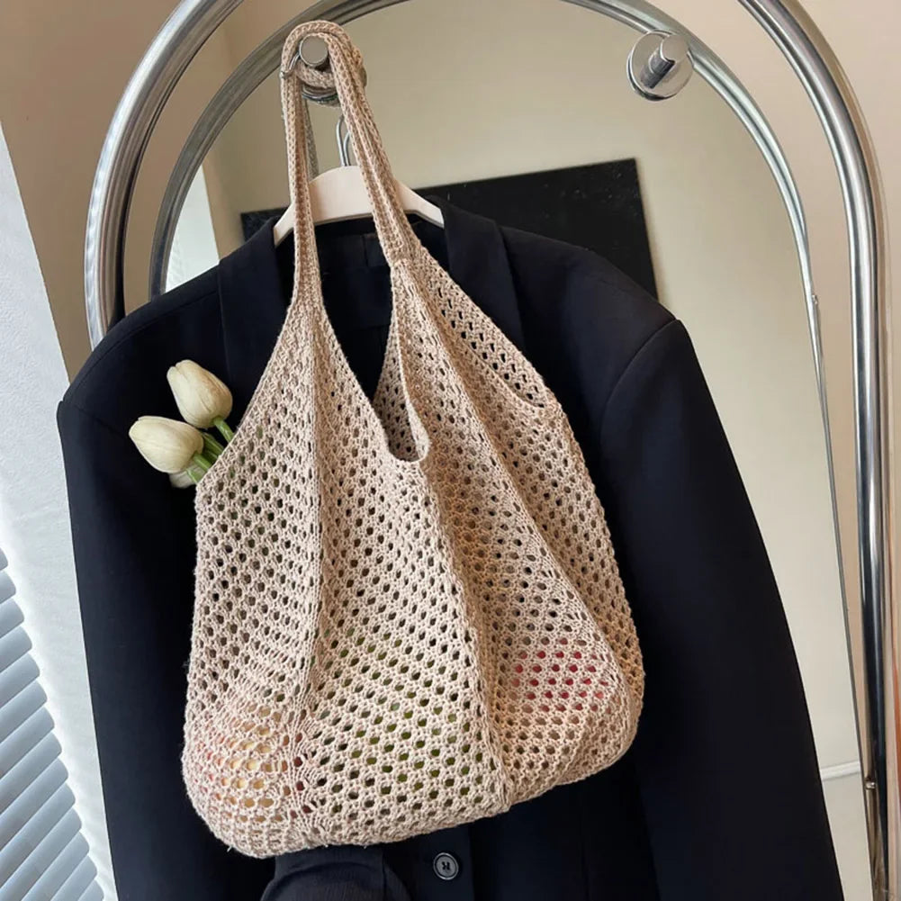 Fashion Women's Hollow Woven Shoulder Bags - Large Capacity Knitting Underarm Bag, Solid Crochet Tote Handbag, Summer Mesh Beach Bag
