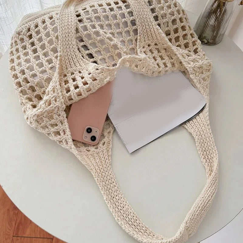 Knitted Hollow Shoulder Bag - Underarm Bag, Large Capacity Crochet Shopping Tote, Casual Beach Bag, Commuting Bag