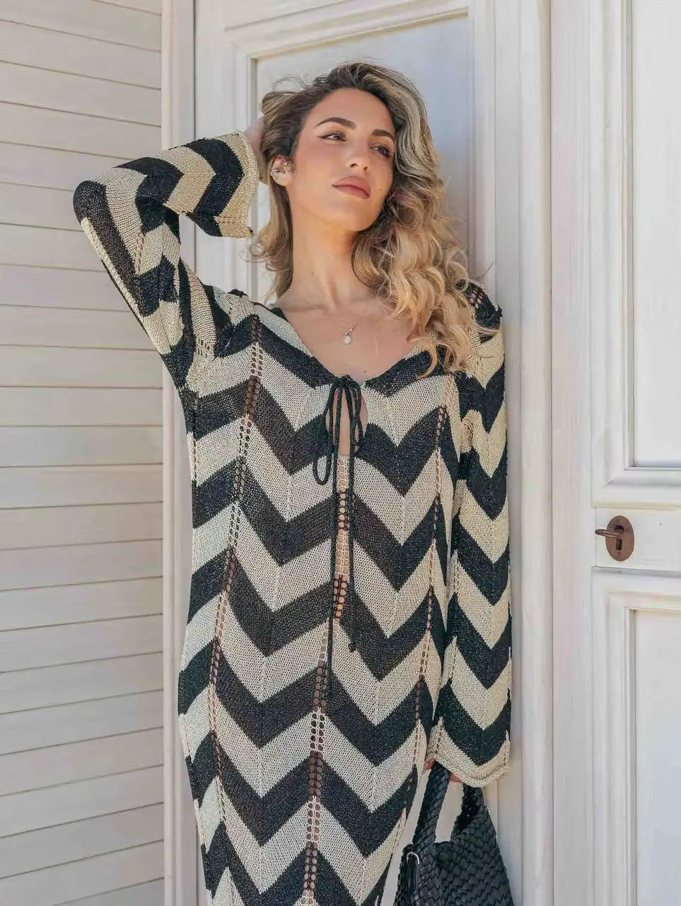 Striped Knitted Maxi Dress – Elegant V-Neck Beach Cover-Up & Autumn Statement Look