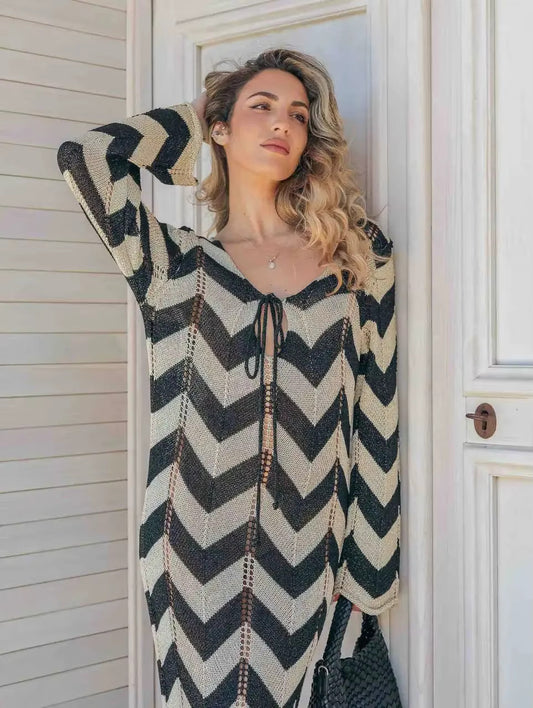 Striped Knitted Maxi Dress – Elegant V-Neck Beach Cover-Up & Autumn Statement Look