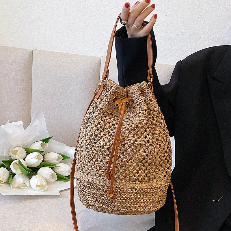 Woven Straw Bag Ladies Bucket Crossbody - Summer Beach Bag, Retro Travel Shoulder Bag, Small Purse and Handbag for Women