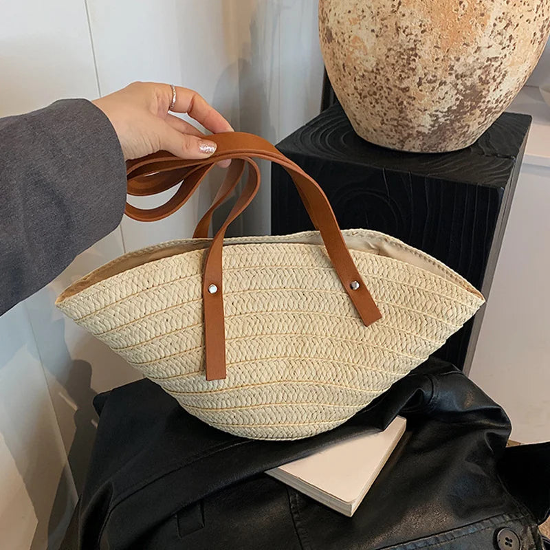 Women’s Braided Basket Top-Handle Bag - Large Capacity Straw Portable Shoulder Bag, Summer Beach Purses, Shopper Satchel