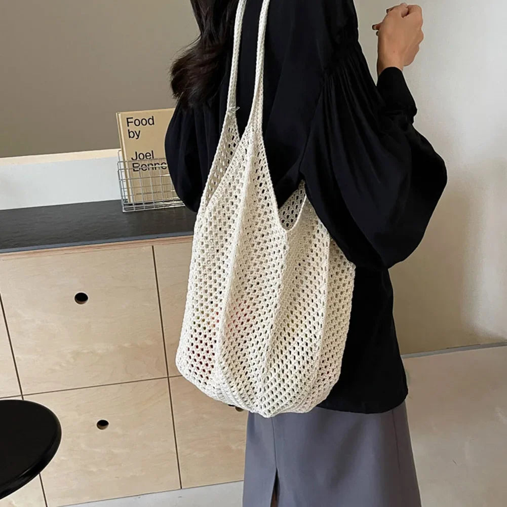 Fashion Women's Hollow Woven Shoulder Bags - Large Capacity Knitting Underarm Bag, Solid Crochet Tote Handbag, Summer Mesh Beach Bag