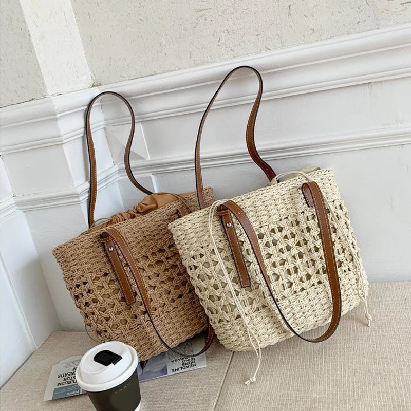 Designer Casual Rattan Wicker Tote Bag - Large Capacity Woven Women's Summer Beach Straw Handbag, Lady Travel Big Basket