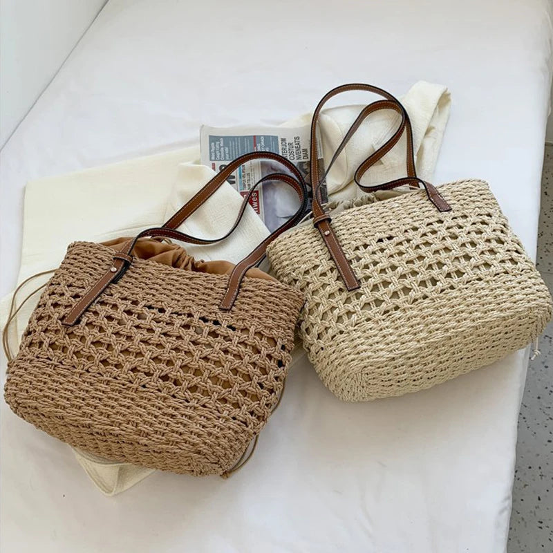 Designer Casual Rattan Wicker Tote Bag - Large Capacity Woven Women's Summer Beach Straw Handbag, Lady Travel Big Basket