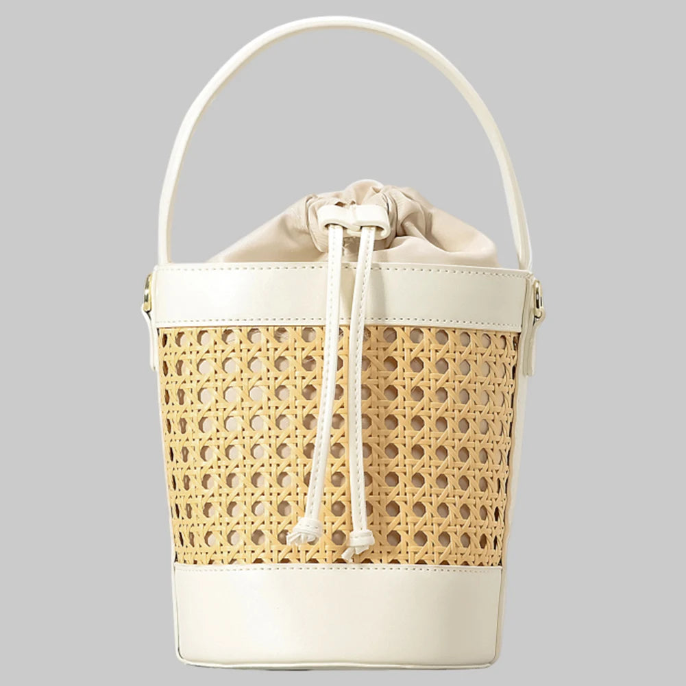 Straw Beach Bag with PU Leather Bucket Design - Summer Hollow Shoulder Bag, Holiday Travel Handbag for Women