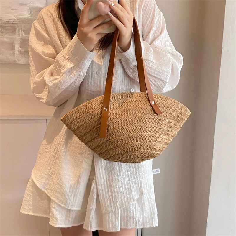 Women’s Braided Basket Top-Handle Bag - Large Capacity Straw Portable Shoulder Bag, Summer Beach Purses, Shopper Satchel