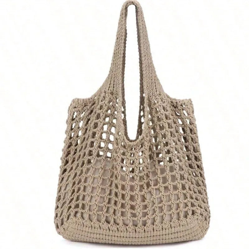Women's Crochet Tote Bag - Hollow Beach Bag, Large Capacity Fashion Knitted Bag, Solid Color Simple Shopping Bag for Travel and Vacation