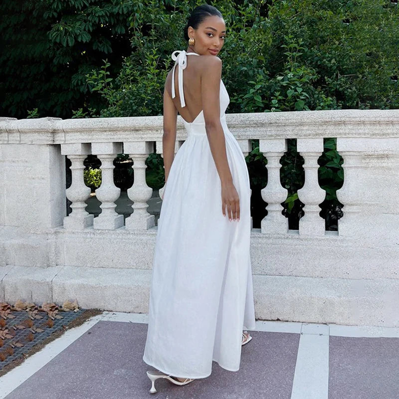 Tornova V neck Bandage Long Dress With Lined Women Fashion Pure Cotton Halter A-line Maxi Dress