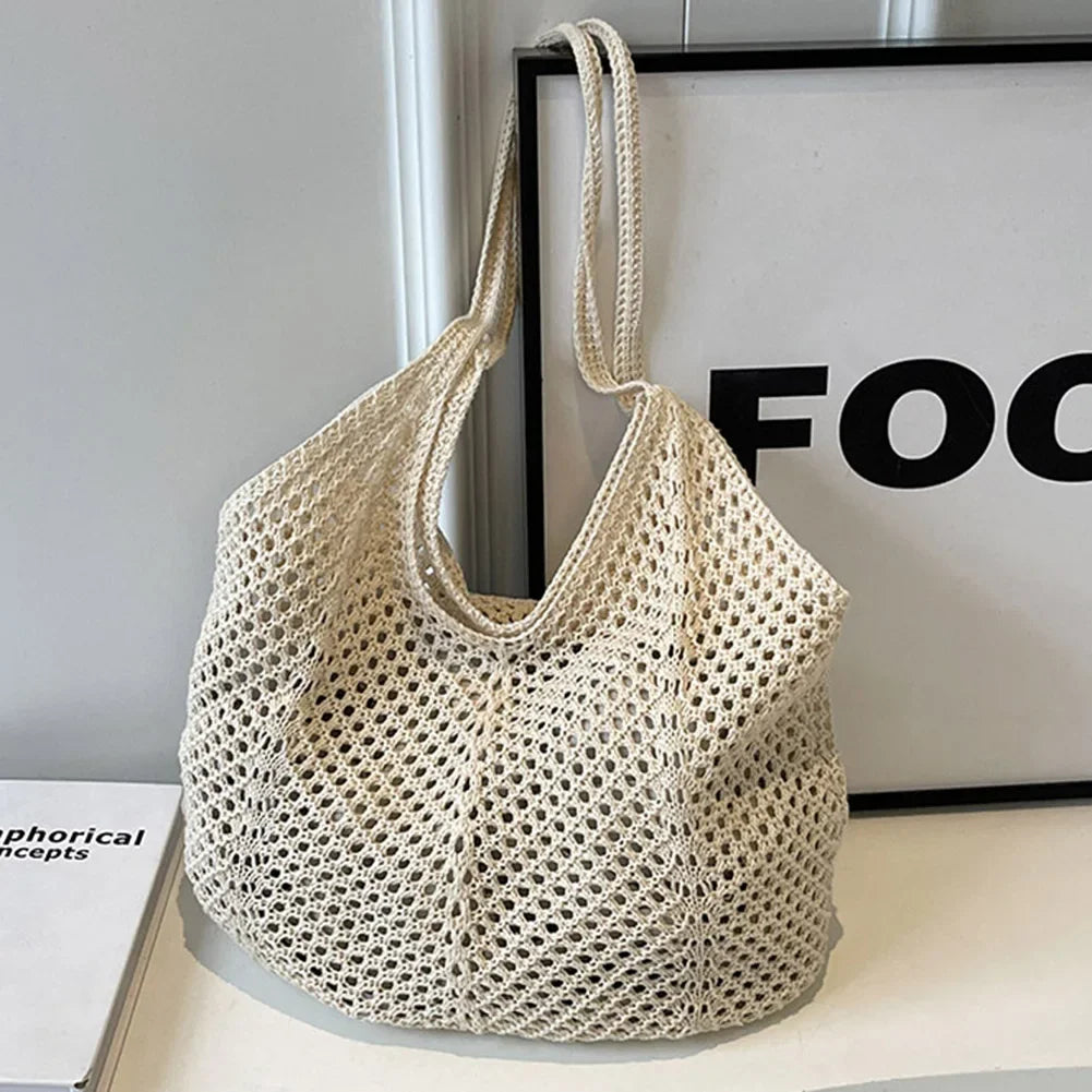 Fashion Women's Hollow Woven Shoulder Bags - Large Capacity Knitting Underarm Bag, Solid Crochet Tote Handbag, Summer Mesh Beach Bag